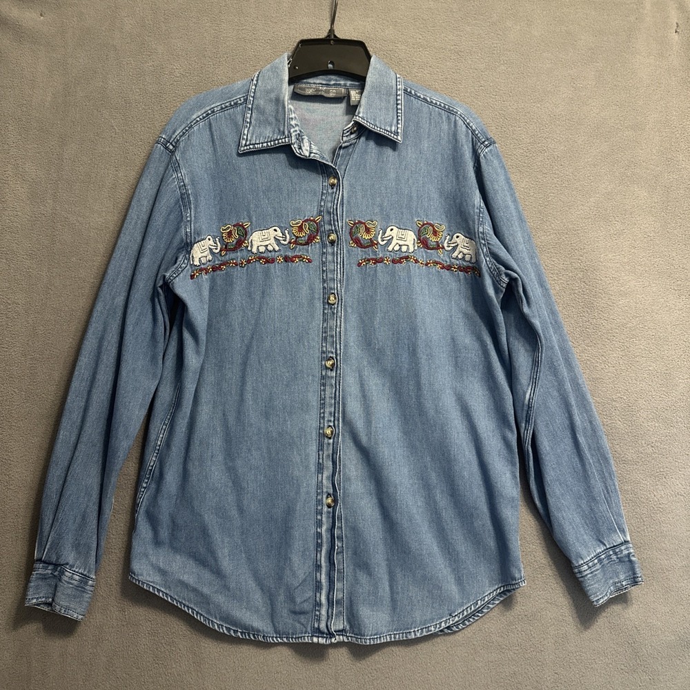 VTG 90s Denim Button Up Shirt Womens Small Fall Embroidery‎ Elephants Craftcore